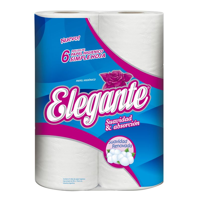 Papel higienico Elegante blanco hoja simple 30 mt 6 u