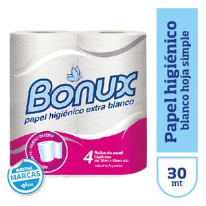Papel higienico Bonux blanco hoja simple 4 u 30 mt